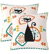 Castle Fairy Mid Century Black Cat Throw Pillow Covers 16x16 Pack of 2 | Abstract Geometric Pillo...