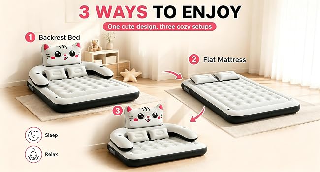 Two inflatable beds with cat patterns in two different sizes.