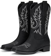 Pasuot Square Toe Cowboy Boots for Women - Mid Calf Western Cowgirl Boots with Embroidery, Pull O...
