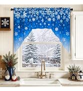 AtawLege Christmas Tree Swag Curtains Snowflake Blackout Valances for Windows, Grey Holiday Winte...