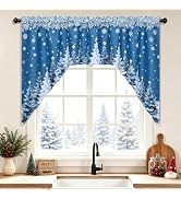 AtawLege Christmas Tree Swag Curtains Snowflake Blackout Valances for Windows, Green Holiday Wint...