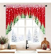 AtawLege Christmas Buffalo Plaid Swag Curtains Pom Pom Blackout Valances for Windows, Green Tarta...