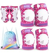 SULIFEEL Rainbow Unicorn Knee Pads for Kids Knee Elbow Pads Wrist Guards with Drawstring Bag Adju...