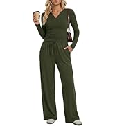 oncharm 2 Piece Matching Lounge Sets Women Summer Travel Set V Neck Top Wide Leg Pants Airport Tr...
