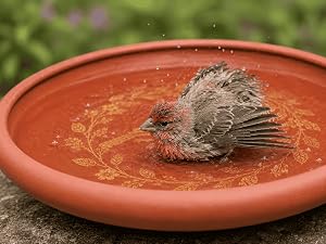 Black-capped chickadee drinking from a shallow terracotta bird bath beside a kitchen garden.
