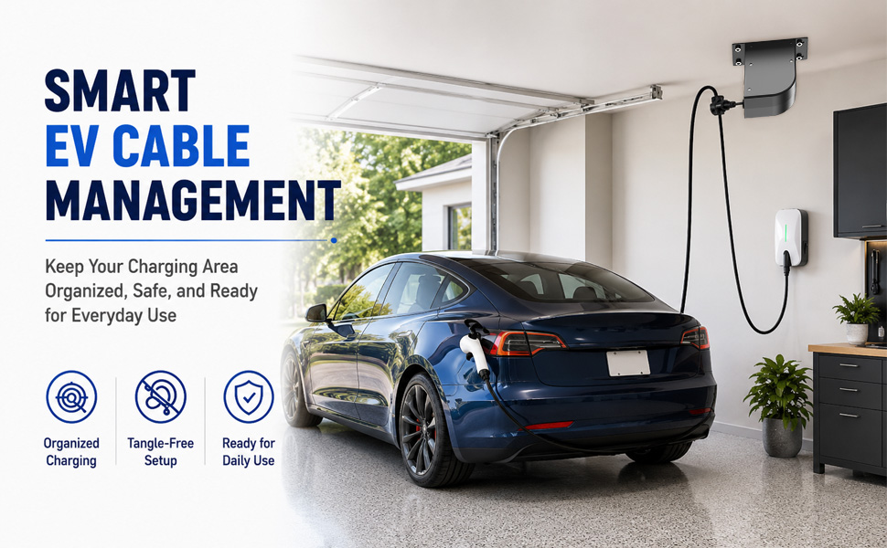 EV cable retractor for garage, organized charging, tangle-free cable management, safe daily use