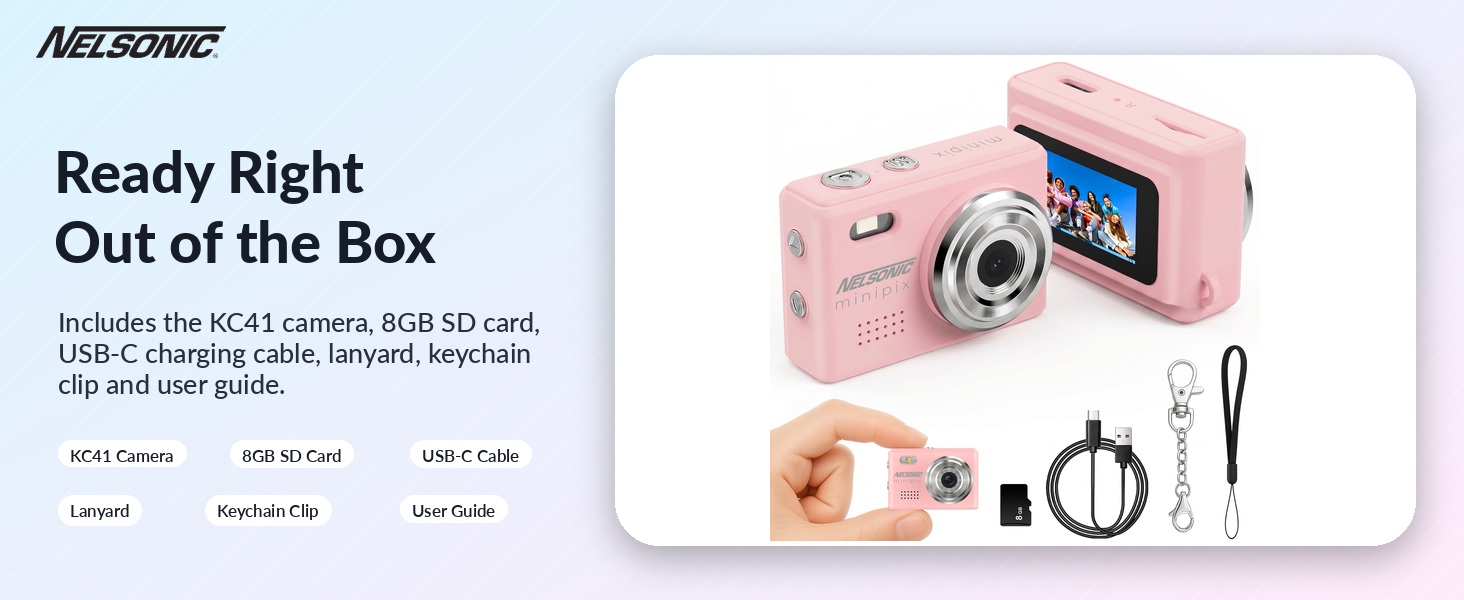 camera, 8GB SD card, USB-C charging cable, lanyard, keychain clip, and user guide