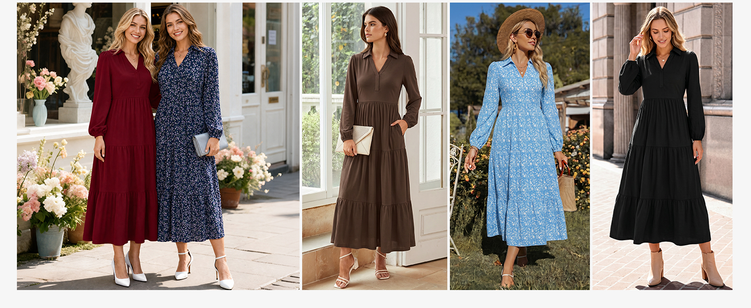 ANRABESS Womens Long Sleeve Polo V Neck Casual Fall Maxi Dress Collared Midi-Maxi Flowy Dresses