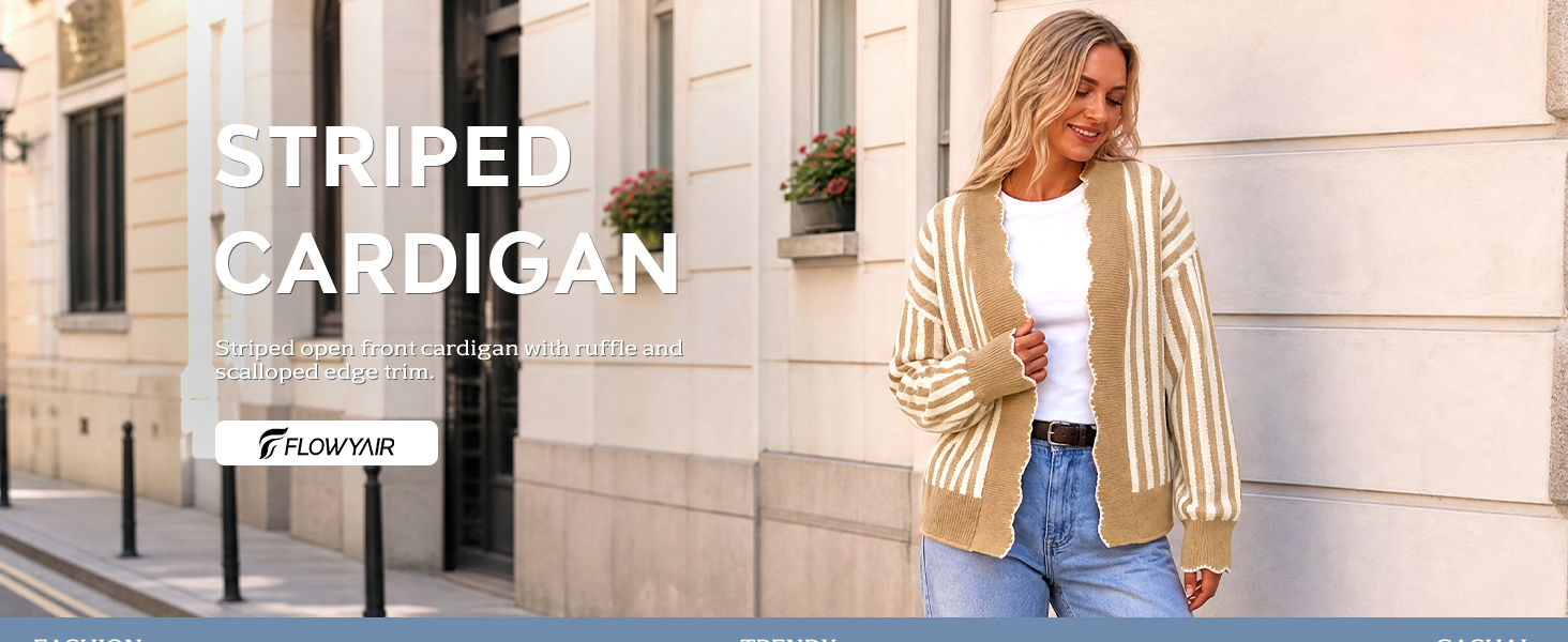 Striped open front cardigan shown in an outdoor fashion scene.