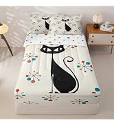 Mid Century Cat Zipper Comforter Bedding Set Twin Size for Kids | Retro Colorful Kitten Comforter...
