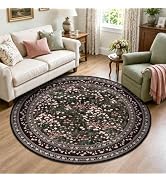 HelloTree 6 ft Round Floral Vintage Boho Area Rug | Machine Washable Soft Low Pile Non-Slip Botan...