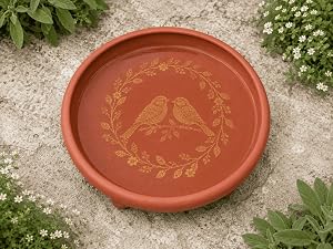 Low-profile terracotta bird bath resting on integrated raised feet on level stone.