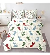 Mid Century Black Cat 7 Piece Bedding Set Twin Size Comforter & Sheet Sets | Abstract Geometric B...