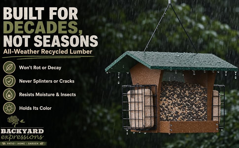 weather resistant bird feeder, recycled plastic bird feeder, all weather hopper bird feeder