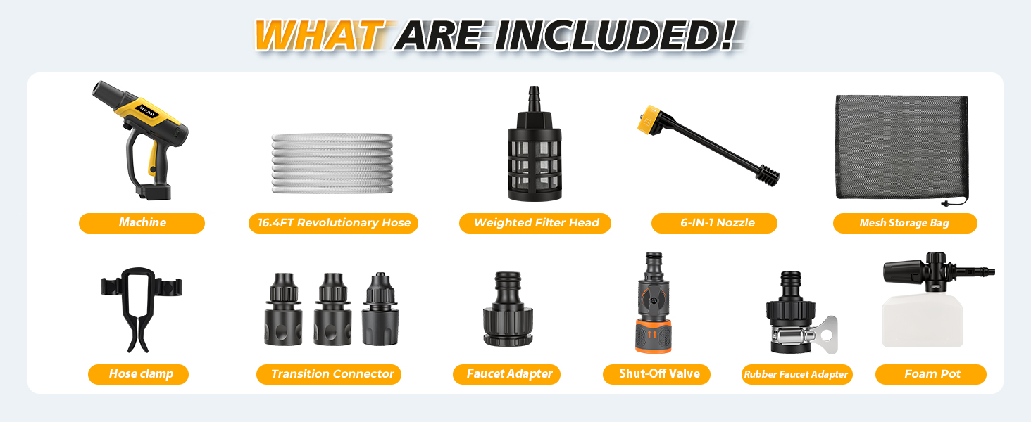 BUILDAY Cordless Car Cleaning: 4-step install, 6-in-1 nozzle, tap/bucket water. No Battery.