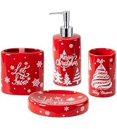 Christmas Bathroom Accessories Set, 4 Piece Ceramic Bathroom Set with Lotion Dispenser, Toothbrus...