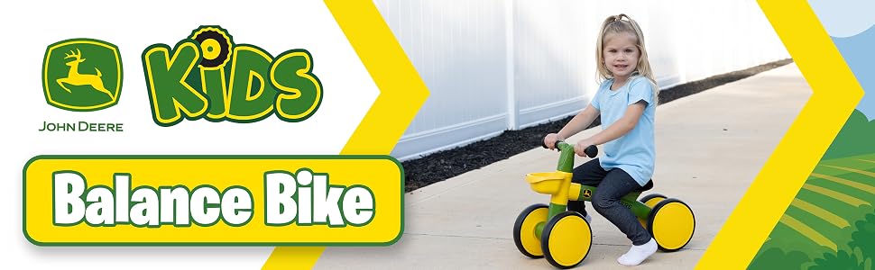 John Deere Kids Balance Bike with Wide Wheels and Bright Colors and Front Basket for Toys