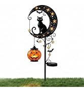 Solar Halloween Garden Stake Light, Black Cat & Crescent Moon Decor with Hanging Jack-o'-Lantern,...
