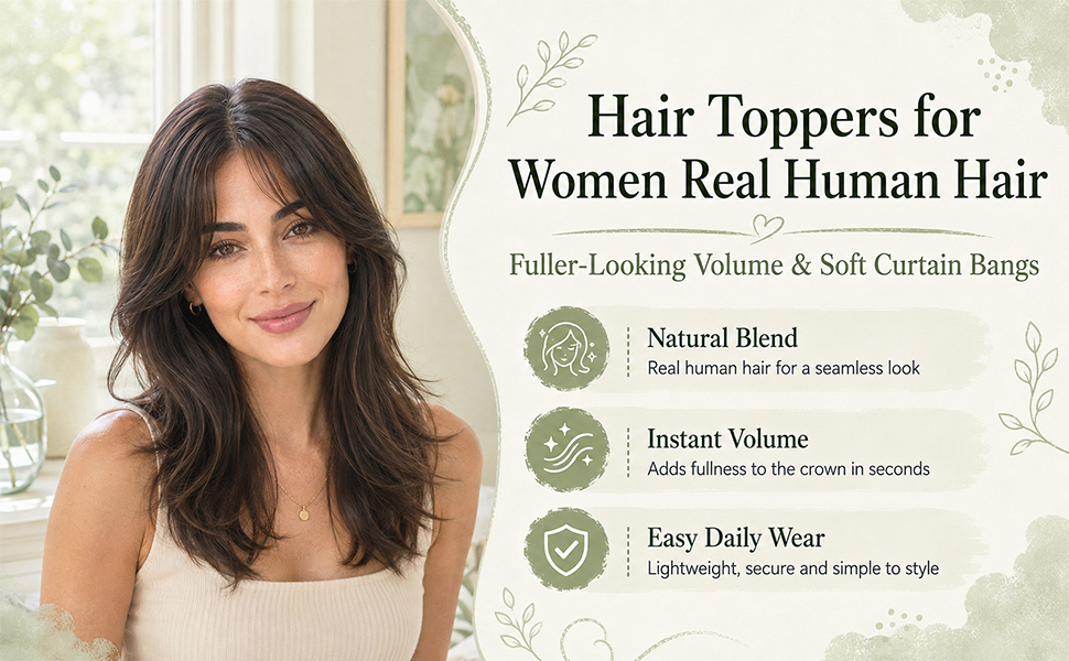 Fuller-Looking Volume & Soft Curtain Bangs Hair Toppers for Women Real Human Hair