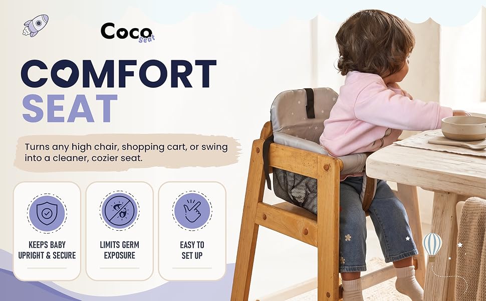 Toddler using Coco Seat in a restaurant high chair for comfort and support.
