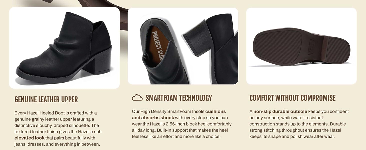 Project Cloud Hazel Genuine leather heeled boot with SmartFoam insole & non-slip outsole
