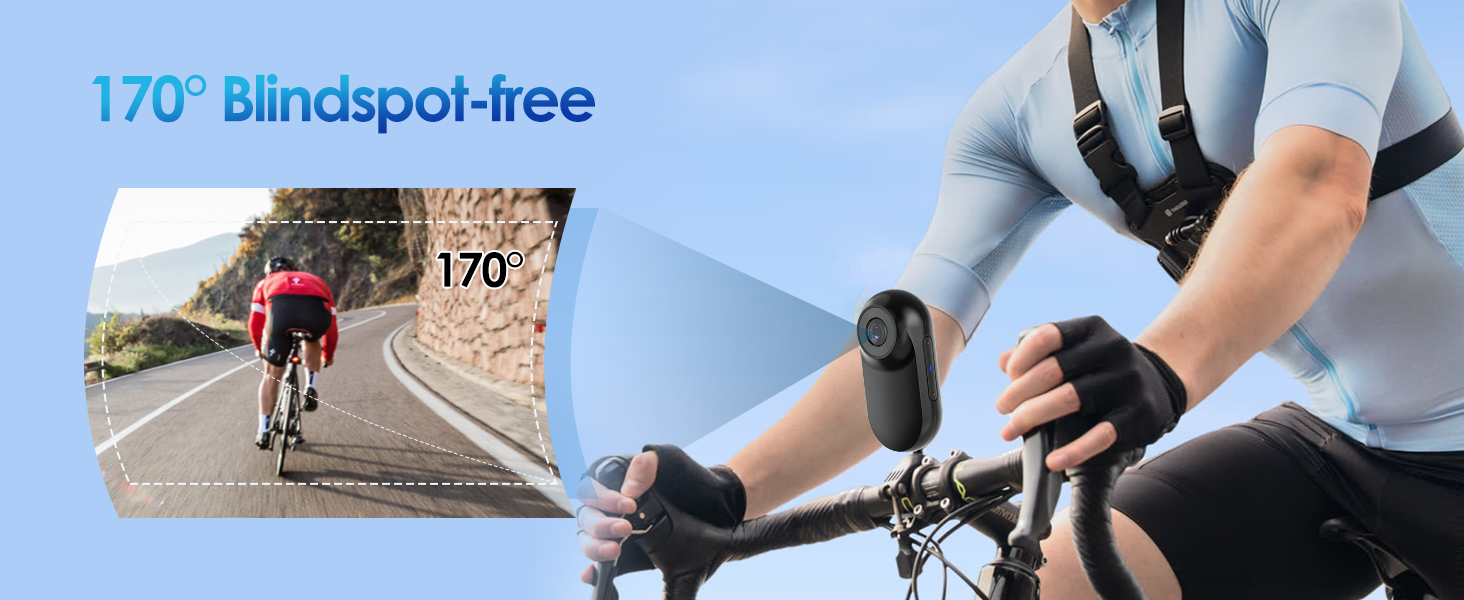 Text reads '170° blindspot-free'. Image shows cyclist on road with sports eyewear/sunglasses product displayed with mounting reference.