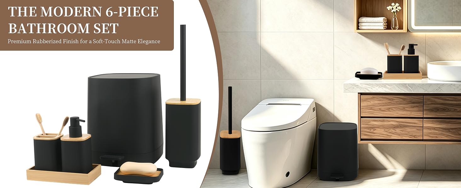 Soft touch matte 6 piece bathroom accessories set with soap dispenser trash can and brush