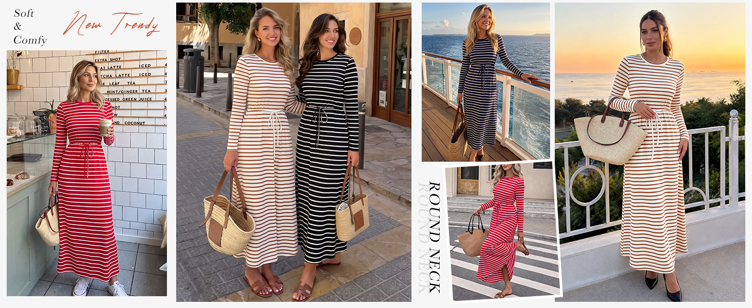 fall casual knit maxi dress crewneck loose fit striped