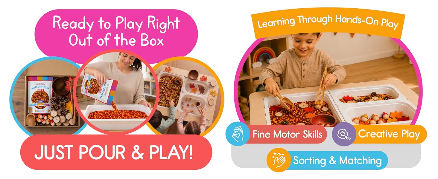 Kit includes wooden bowl, scoop, bamboo tweezers, rice, leaves, wood slices, pinecones, acorns.