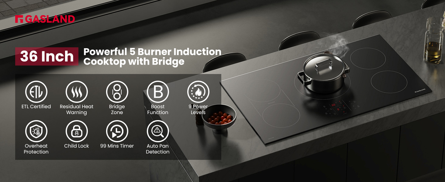36 Inch 5 Burner Induction Cooktop with Bridge