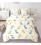 Mid Century Retro Cat 7 Piece Bedding Comforter Set Twin for Kid Girls | Modern Geometric Abstrac...