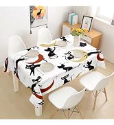 Mid Century Retro Cat Tablecloths for Dining Table Decor 55in Round | Brown Red Yellow Cat Dinner...