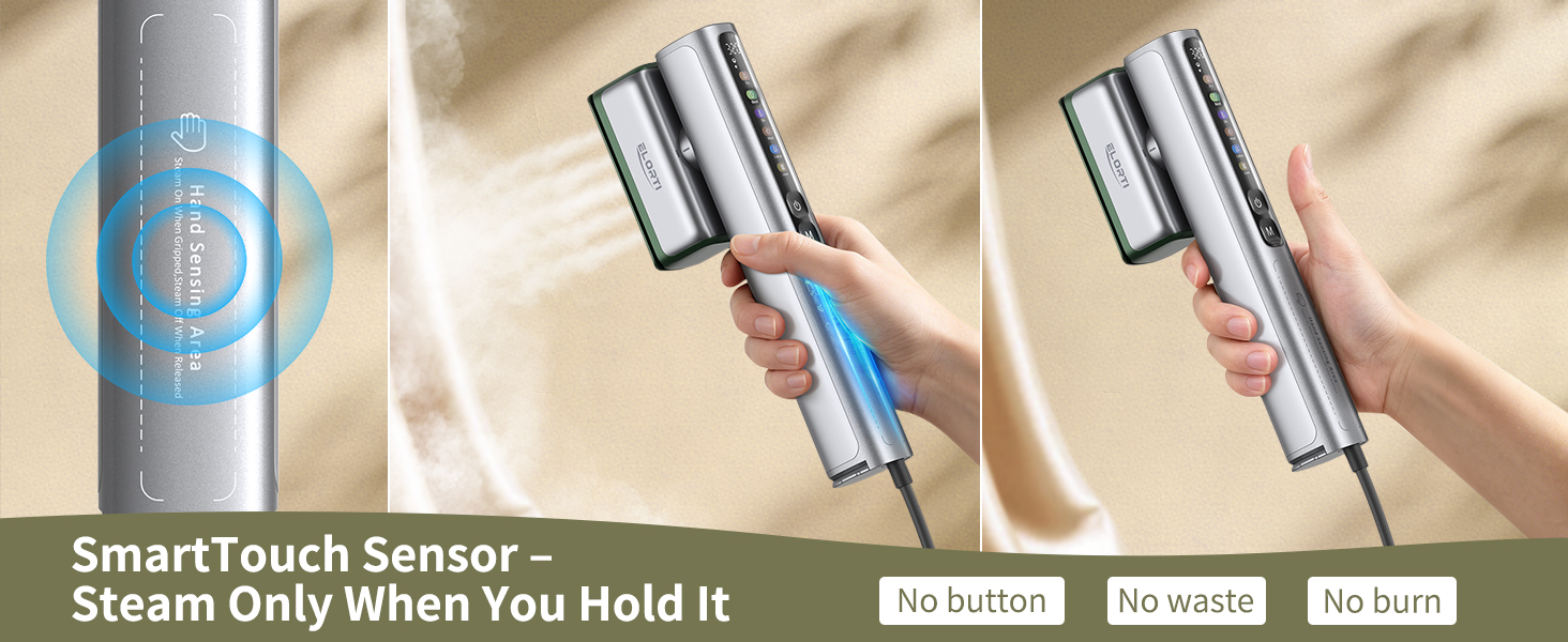 ELORTI green portable steamer for clothes with SmartTouch sensor, no button,easy to use, no burns