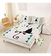 Castle Fairy Vintage Medieval Cat Queen Sheets Set 4 Pieces 16" Deep Pocket | Blue Beige Yellow C...