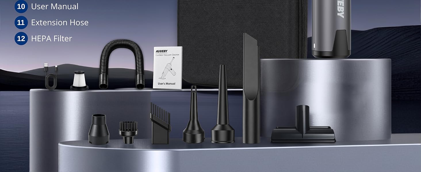 “What’s in the box?” graphic showing a handheld vacuum cleaner and its included accessories