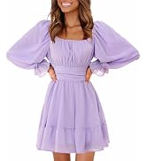 EXLURA Women's 2025 Casual Long Lantern Sleeve Dresses Square Neck Ruffle Tie Back Elastic Waist ...