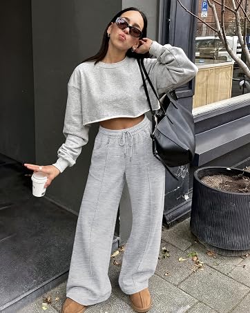 AKEWEI Wide Leg Womens Fleece Lined High Waisted Sweatpants with Pockets | Business Casual Outfit...