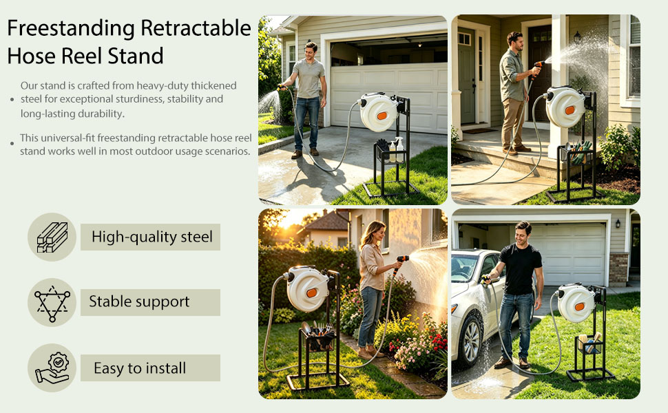 Universal Freestanding Hose Reel Stand with Heavy Duty Thickened Frame