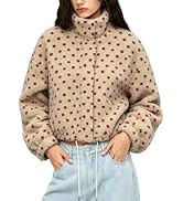 Vimida Women's Polka Dot Sherpa Teddy Cropped Jacket Oversized Stand Collar Zip Drawstring Hem Wi...