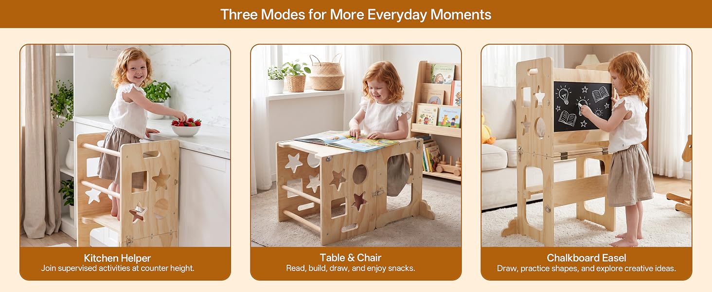 4-in-1 toddler tower with standing, step stool, seated activity and blackboard use