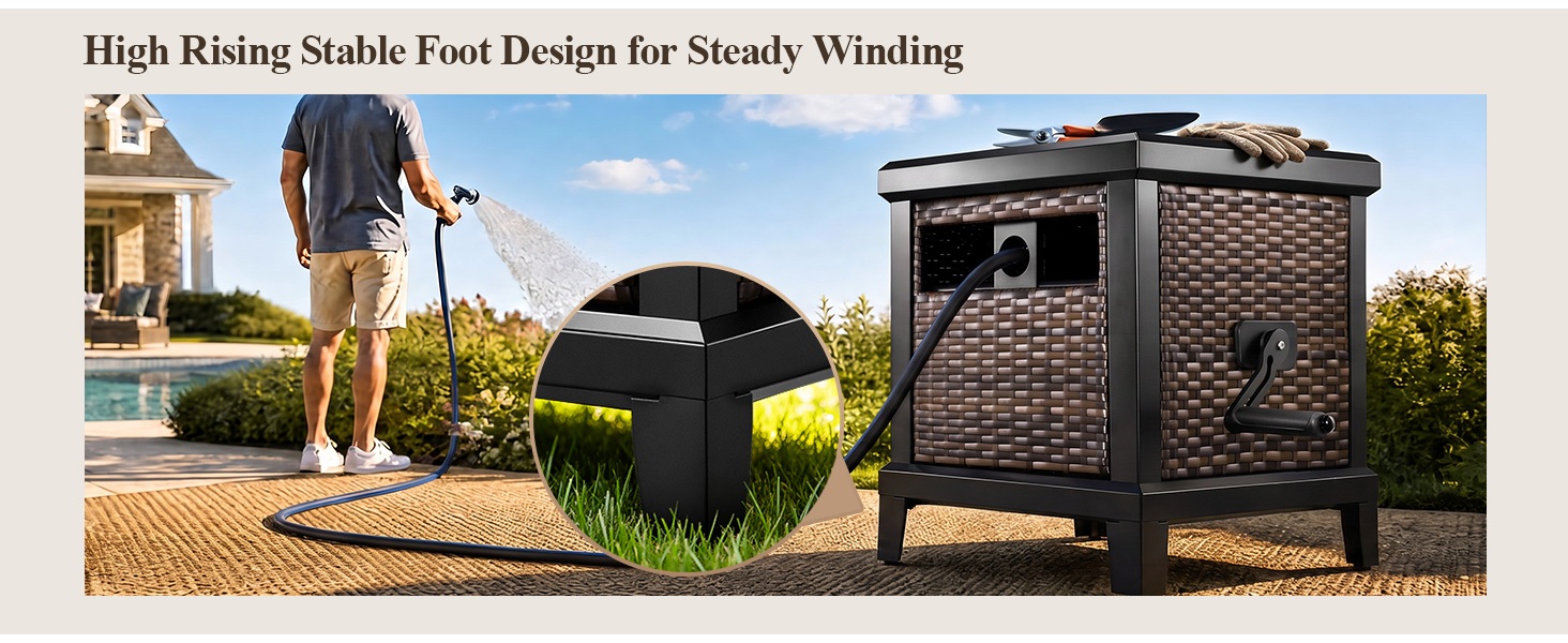 Wicker Rattan Garden Hose Reel Hideaway Storage Deck Box, Heavy Duty Rust Proof Metal Frame