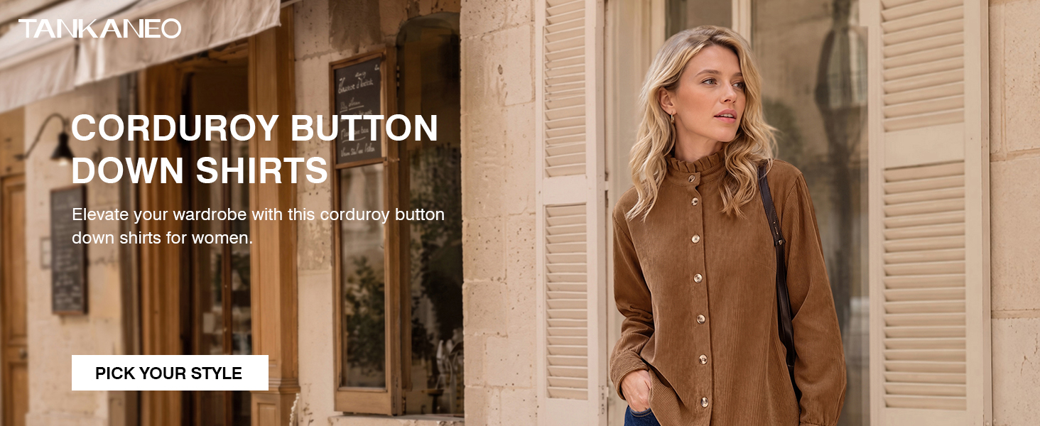 Tankaneo Womens Corduroy Button Down Shirts Long Sleeve Ruffle Collar Tops
