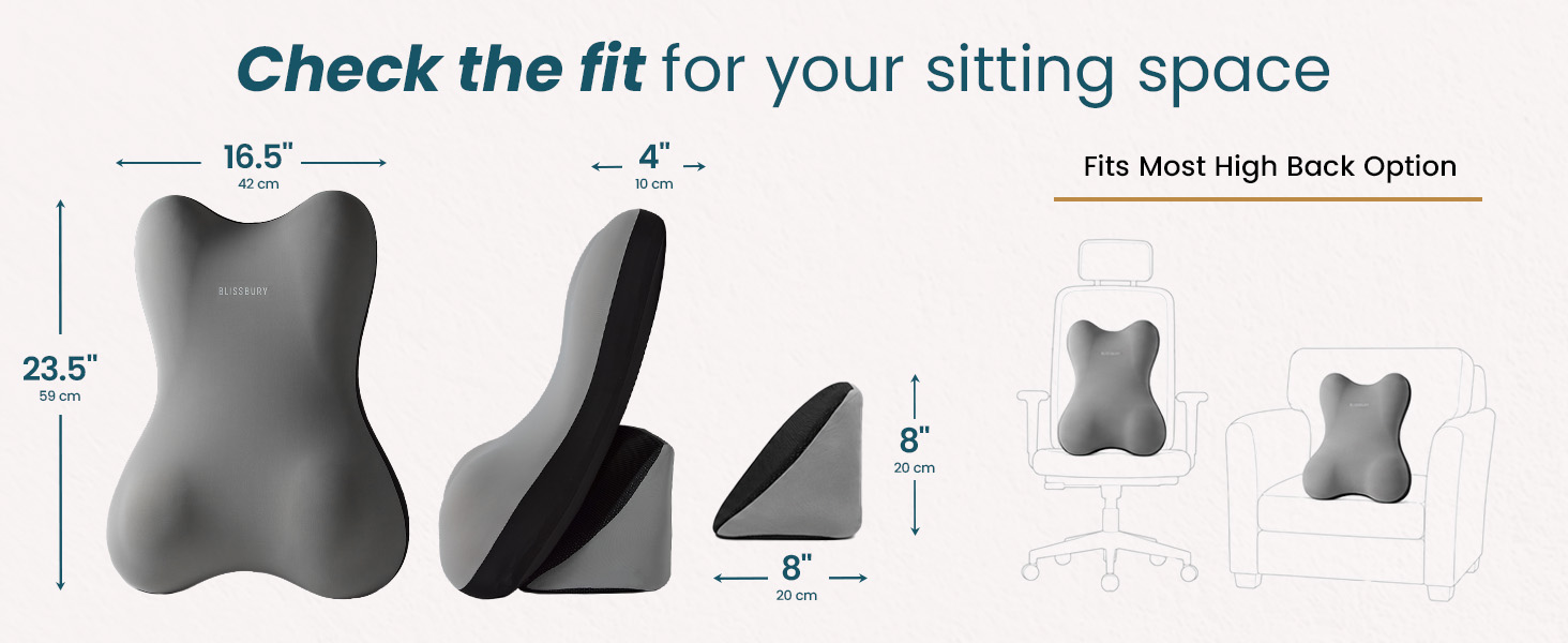 Backrest cushion measures 23.5 by 16.5 inches, with an 8 by 8-inch wedge; shown on high-back chairs.