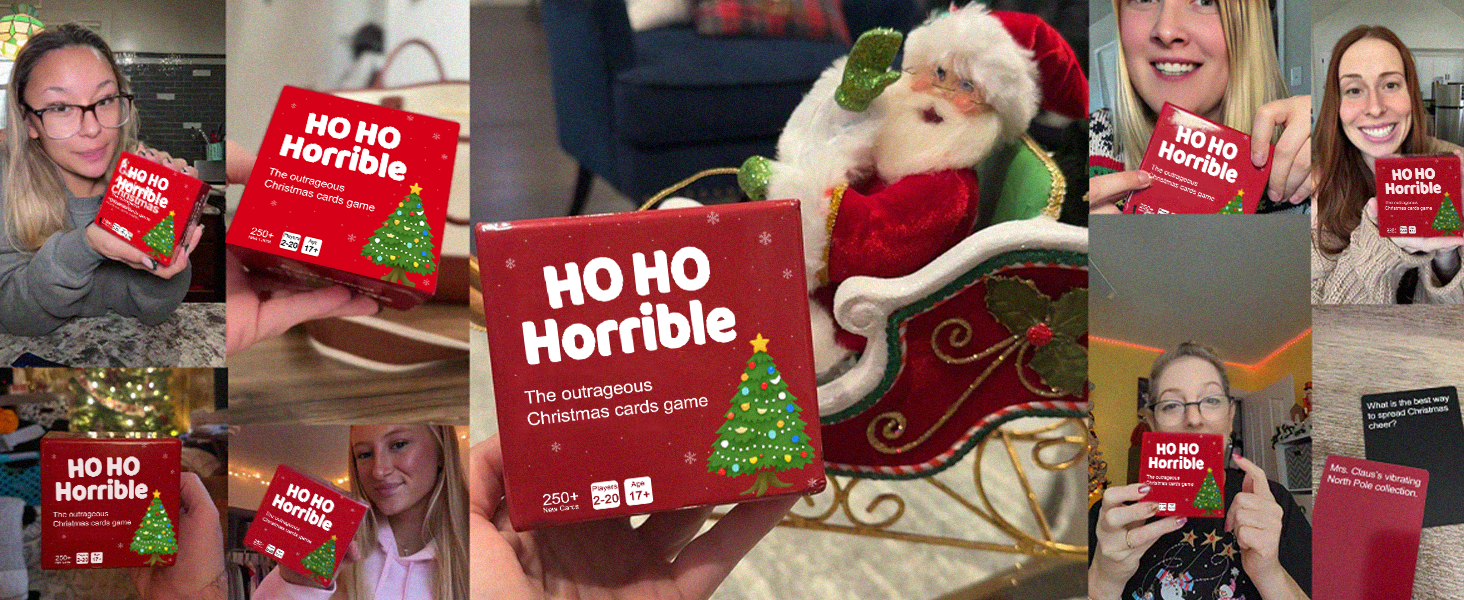 Collage of people holding Ho Ho Horrible Christmas card game boxes at holiday gatherings