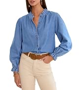 Sidefeel Womens Button Down Denim Shirts Long Sleeve Ruffle Jean Shirts Blouse Top