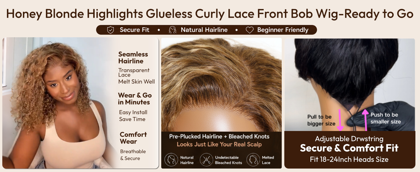 unice honey blonde highlights glueless curly lac front bob wigs human hair with drawstring wear go
