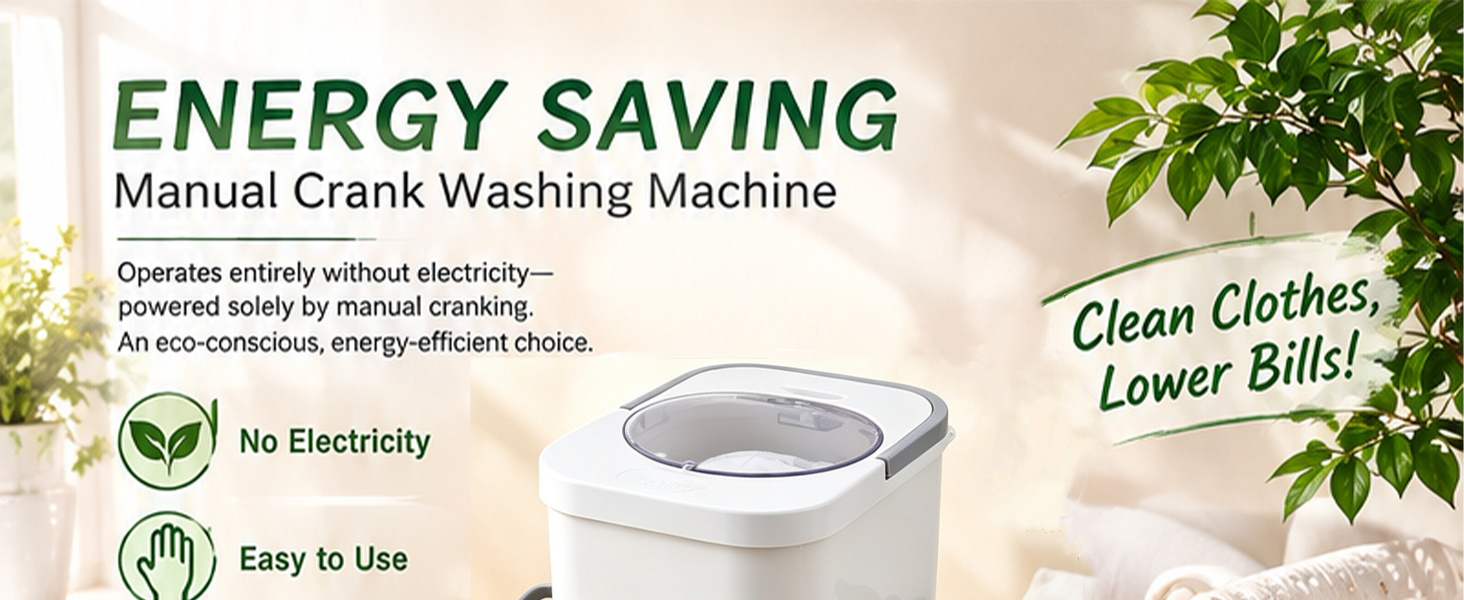 **Manual crank washing machine** runs without power, energy‑saving for small loads.