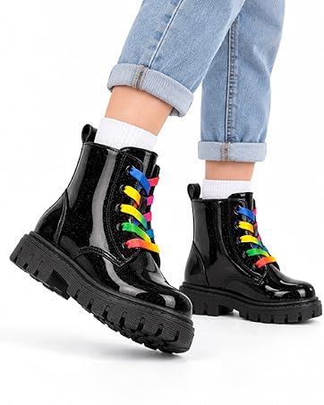 YIMORU Girls Combat Boots Black Lace Up Side Zipper Boots