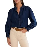Sidefeel Womens Button Down Denim Shirts Long Sleeve Ruffle Jean Shirts Blouse Top