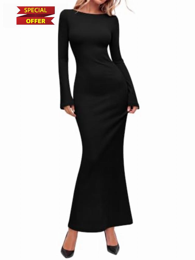 ANRABESS Women's Ribbed Fall Long Sleeve Bodycon Maxi Dress                                                          Wedding Guest Party Cocktail Long Dresses